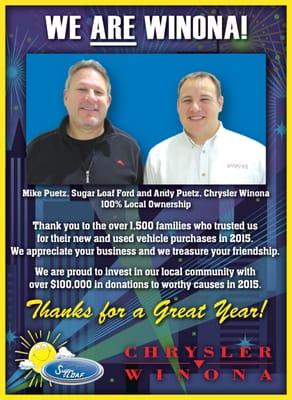 We are Winona!  Sugar Loaf Ford and Chrysler Winona wish you a very happy New Year for 2016.  Thank you for all your business and support!