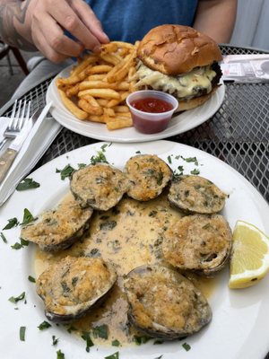 Burger and clams oreganata