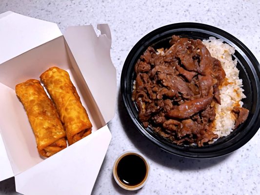 Mad Spicy Steak Bowl + chicken egg rolls - Teriyaki Madness (delivered by doordash) - Bend