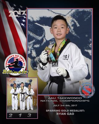 Congratulations to our very own Ryan Gao placing 1st place in 10-11 Male Black belt sparring!  2018 AAU Taekwondo National Team member!