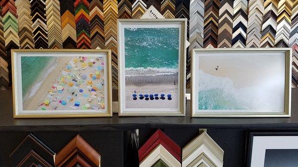 Beach photos mounted to white mat and framed with siver transitional frame