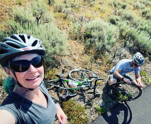 We have a rule that you have to take a selfie while someone in your group is fixing a flat.