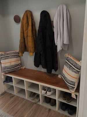 Our coatrack and shoe station! (shoe covers are available)