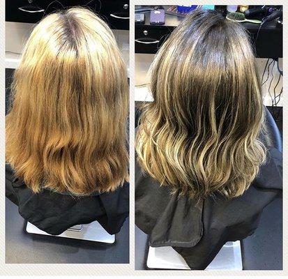 Before and after base color and balayage ombré