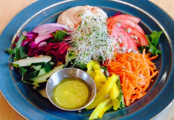 Rainbow salad - cabbage, cukes, carrots, tomatoes, peppers & hummus!