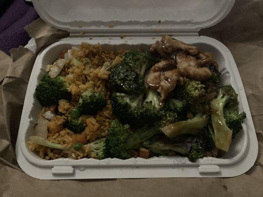 Chicken and broccoli with vegetable fried rice