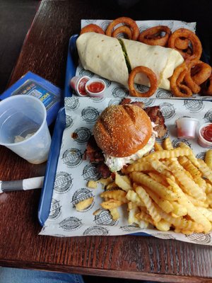 My meal: an xq grinder, chicken chop wrap, fries and onion rings.