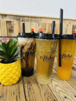 Lemon fruit tea with lemon boba, Brown sugar milk tea, mango fruit tea