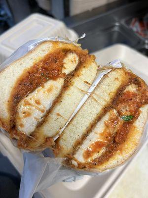 Chicken Parmesan sandwich with fresh basil