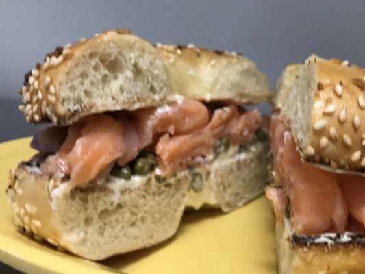 Lox, capers, red onion and cream cheese on Everything Bagel