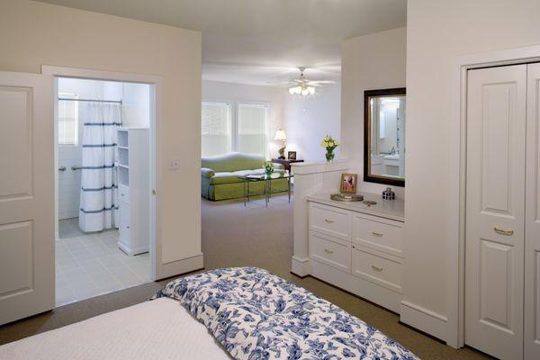 Assisted Living model unit.  View is from the bedroom looking into the bath and living area.