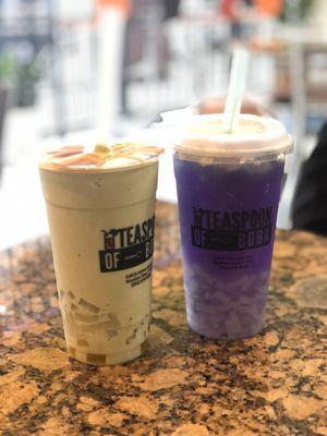 Dairy free sugar free matcha smoothie with crystal boba and rainbow jelly -- butterfly pea tea with crystal boba and lychee jelly