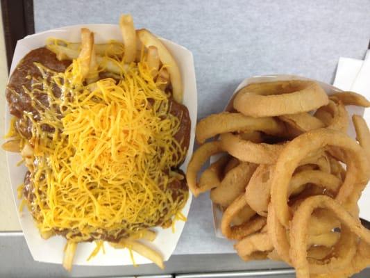 Chili Cheese Fries and Onion Rings