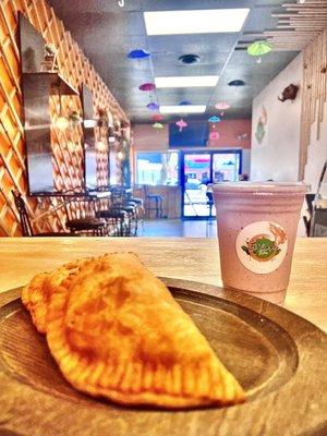 Chicken and cheese pastelitos and strawberry shake