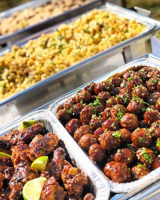 Try some of our Delicious Jerk Wings, Sweet & Spicy Meatballs, & Pasta Salad!