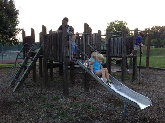 The playground is wood and a bit dated, but still fun.