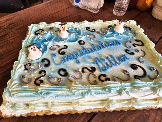 My son has always gotten snowmen on his birthday cake so Amy did an awesome job for his graduation. Details were so perfect