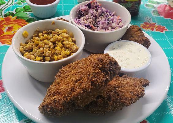 Catfish Plate, take a pass on the fried corn, the slaw, and especially the "catfish" and runny homemade tartar sauce.