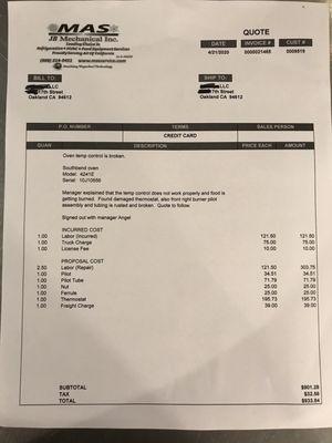 The invoice/ proposal after Barry gave me 50% discount on labor cost!!