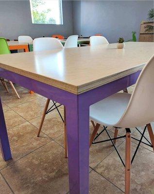 Powder coated steel frame tables for a cafe up north!