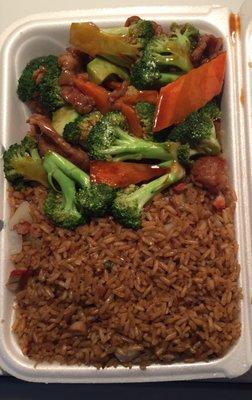 Beef and broccoli and pork fried rice lunch special