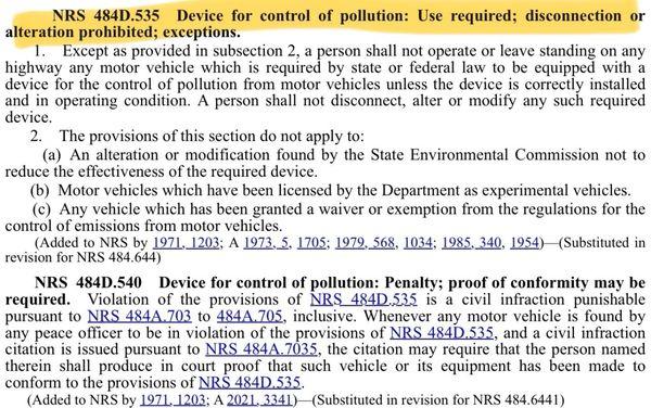 nevada law stating that devices that are proven to lower emissions much be in working order prior to operating the vehicle