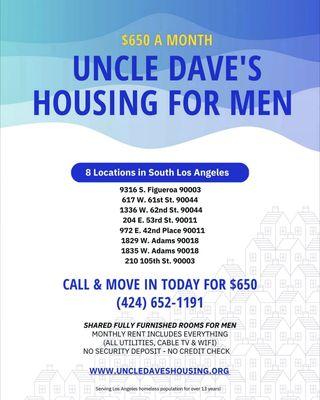 Shared housing for men located in South LA. 
Please go to www.uncleaveshousing.org from more information