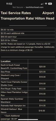 Screenshot of their rates from various areas on HHI to the airport.