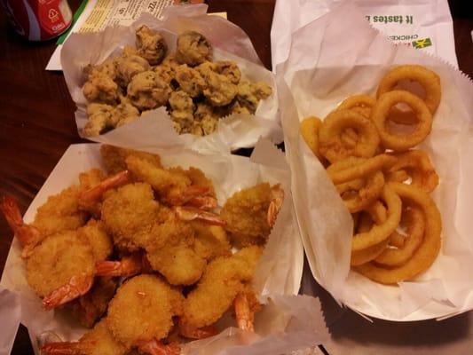 Mushrooms with same breading as their chicken, onion rings, & butterfly shrimp