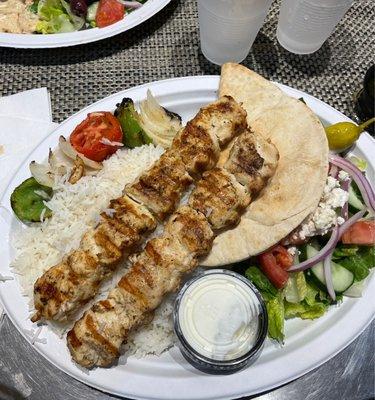 Chicken Shish Kabob with rice and Greek salad