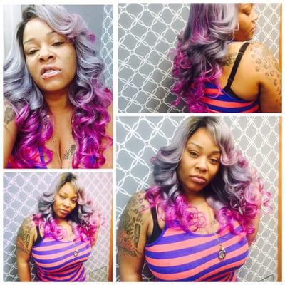 Full sew in with lace closure and custom color! Pink n Grey ombré.