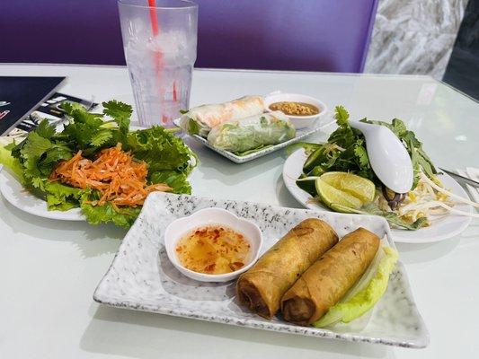 Appetizers: pickle veggie salad, shrimp spring rolls , fried egg rolls and herbs for soup