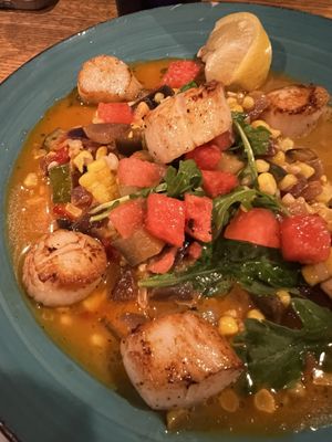 seared scallops with sweet corn hash with watermelon and lobster scampi sauce