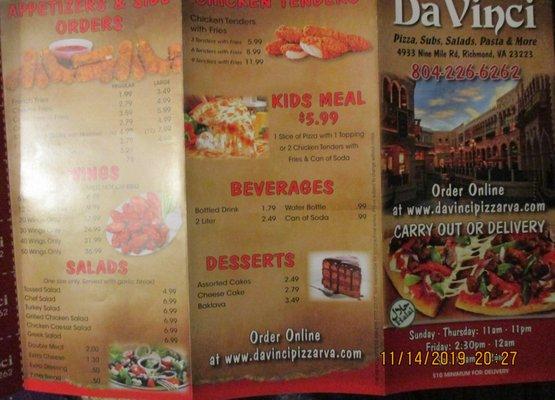 DaVinci / Nine Mile Road: Menu, flip side.DaVinci / Nine Mile Road: