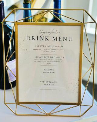 Signature cocktail menu for a recent client. Bartending service includes helping you select cocktails or custom signature drinks and a menu