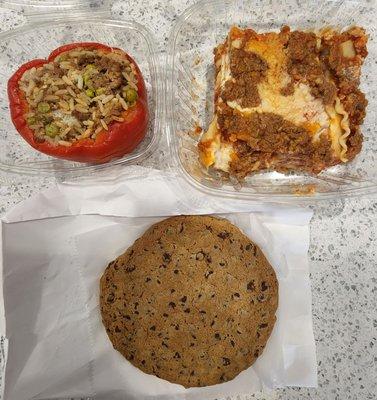 Stuffed pepper, beef lasagna and chocolate chip cookie