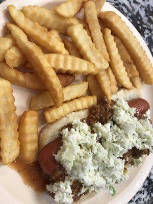 Hot dog with chili and slaw, fries