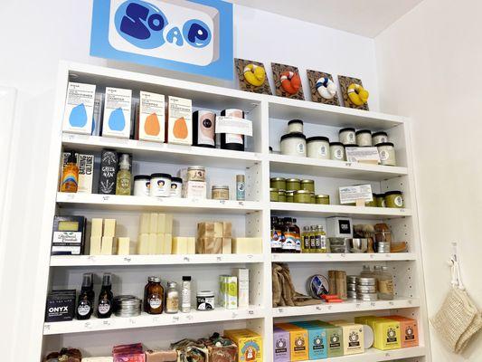 Our "Soap Wall" offers great package free and zero-waste personal and beauty products.