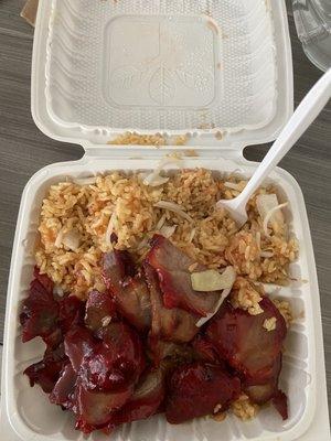 Boneles Spare Ribs Combo Platter. I ate the egg roll already. Was good. wish it was cut differently tho. rice needed duck sauce