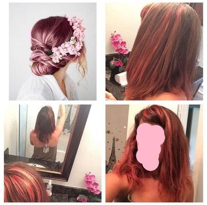 Upper left is what I asked for and the other 3 are pictures of what I got. Uneven and no where near the color I requested.