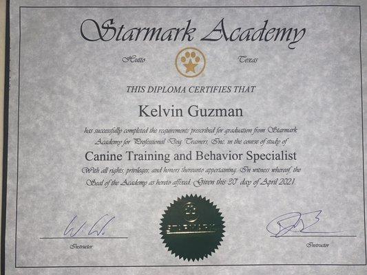 Certificate for Canine Training and Behavior Specialist from Starmark Academy.