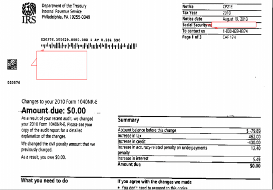 Successful Audit showing $0 due on a 1040NR return