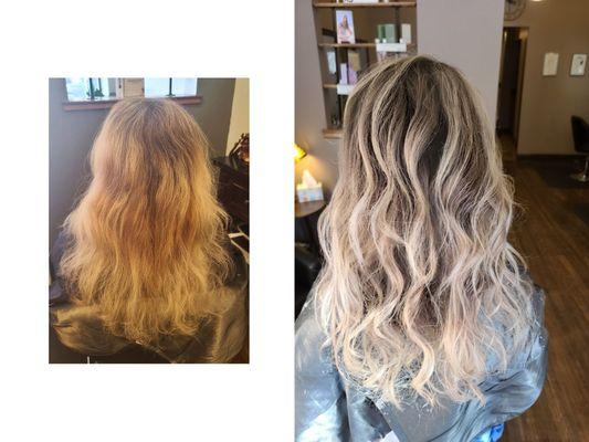 Before and After.  This color correction took two services and about six hours total to get to this desired result.