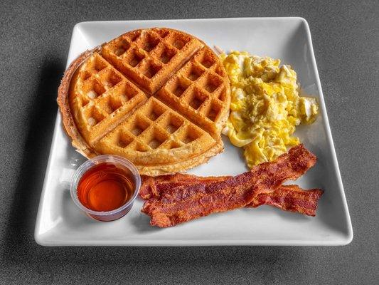 Belgian Waffle Platter ( Belgian waffle with a side of real maple syrup, 2 pieces of bacon and 2 eggs scrambled)