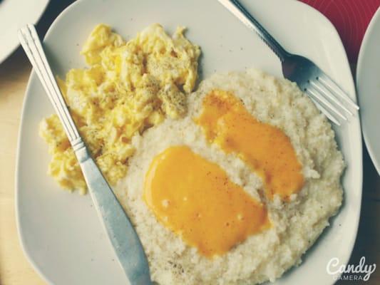 Grits and egg....down home cooking.