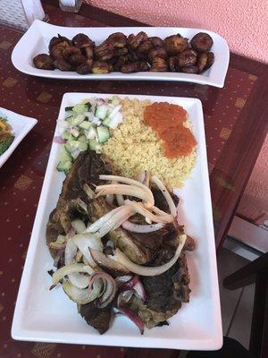 Lamb with onions, acheke and plantains.