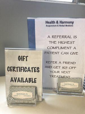 Gift Certificates and referral discounts available!