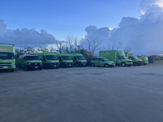 SERVPRO vehicles lined up on location ready to get to work.