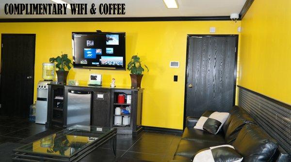 Our service waiting room is equipped with wifi, complimentary coffee, and viewing material