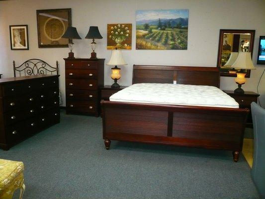 NEW ARRIVALS- 3-29-2017 COMPLETE KING SIZE SLEIGH BED SET WITH THICK PILLOWTOP MATTRESS, TALL DRESSER, CHEST OF DRAWERS AND 2 NIGHTS, $1400.